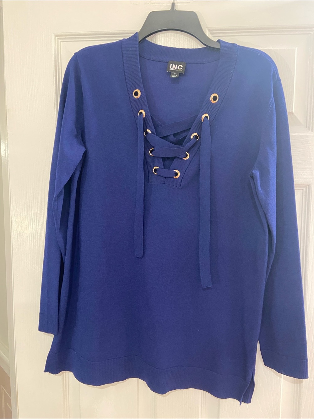 INC International Concepts Royal Blue Lace-Up V-Neck Knit Top